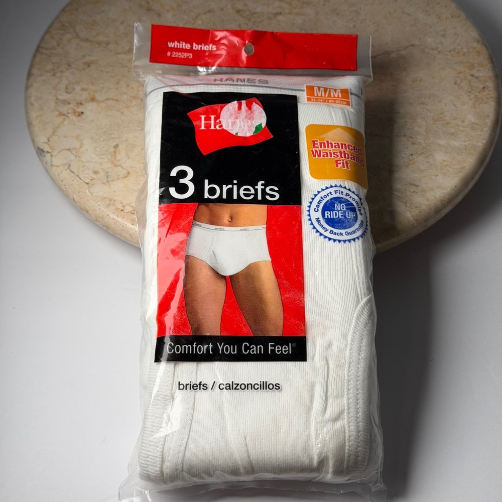 Hanes Briefs Size M White 3-Pack 100% Cotton Full Cut Enhanced Waistband 2252P3